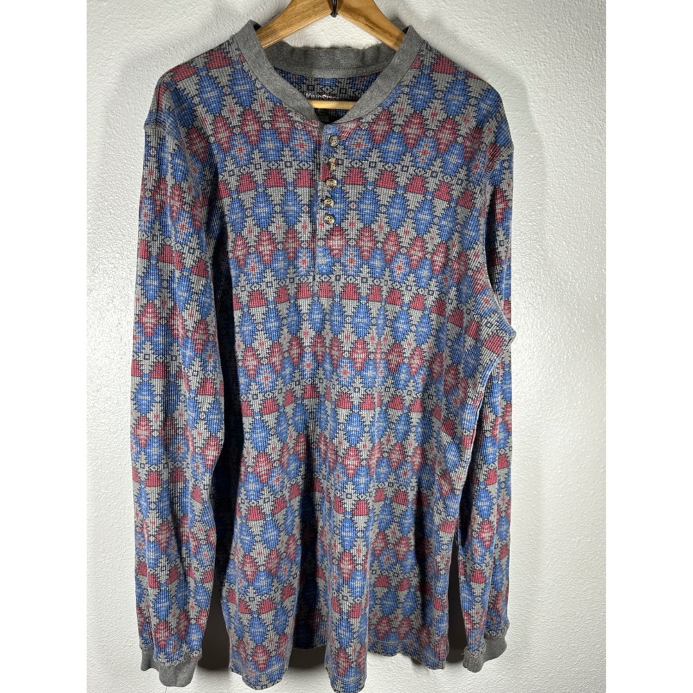 KingSize Henley Mens 3XL Tall Gray Blue Red Southwestern Waffle‎ Thermal Shirt